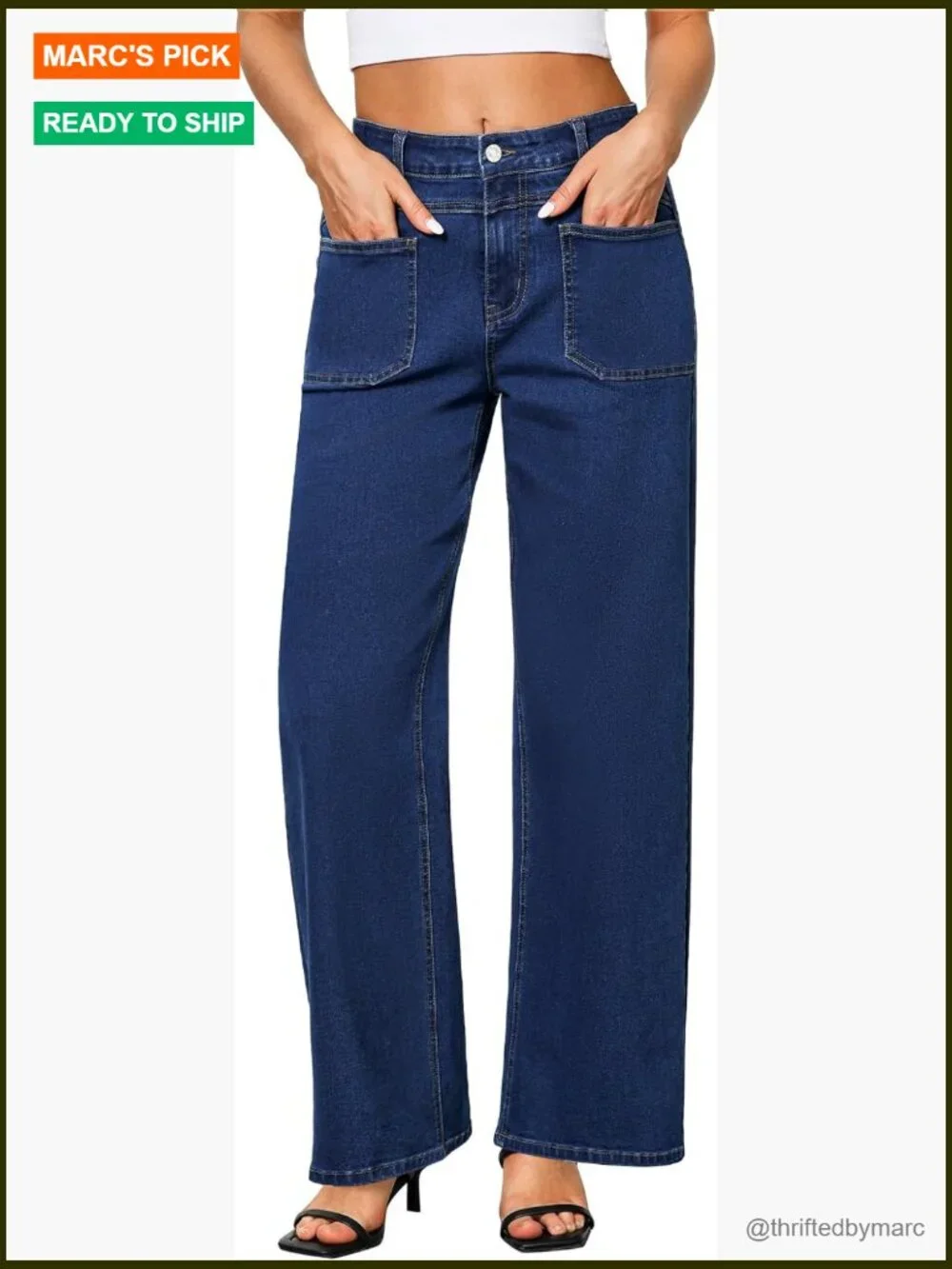 High Waisted Wide Leg Stretchy Retro Denim Pants with Pouch Pockets